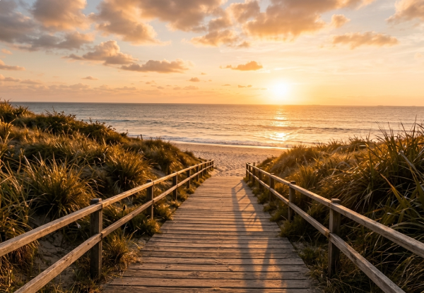 Wooden boardwalk winding through dune grass toward the beach at sunset