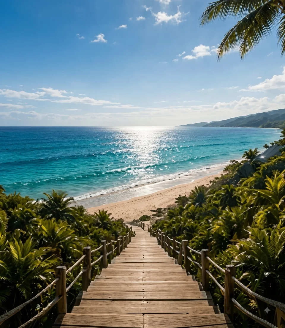 Wooden pathway leading through palm trees to a turquoise beach