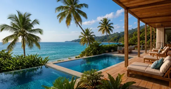 Coastal villa terrace with infinity pool framed by palm trees