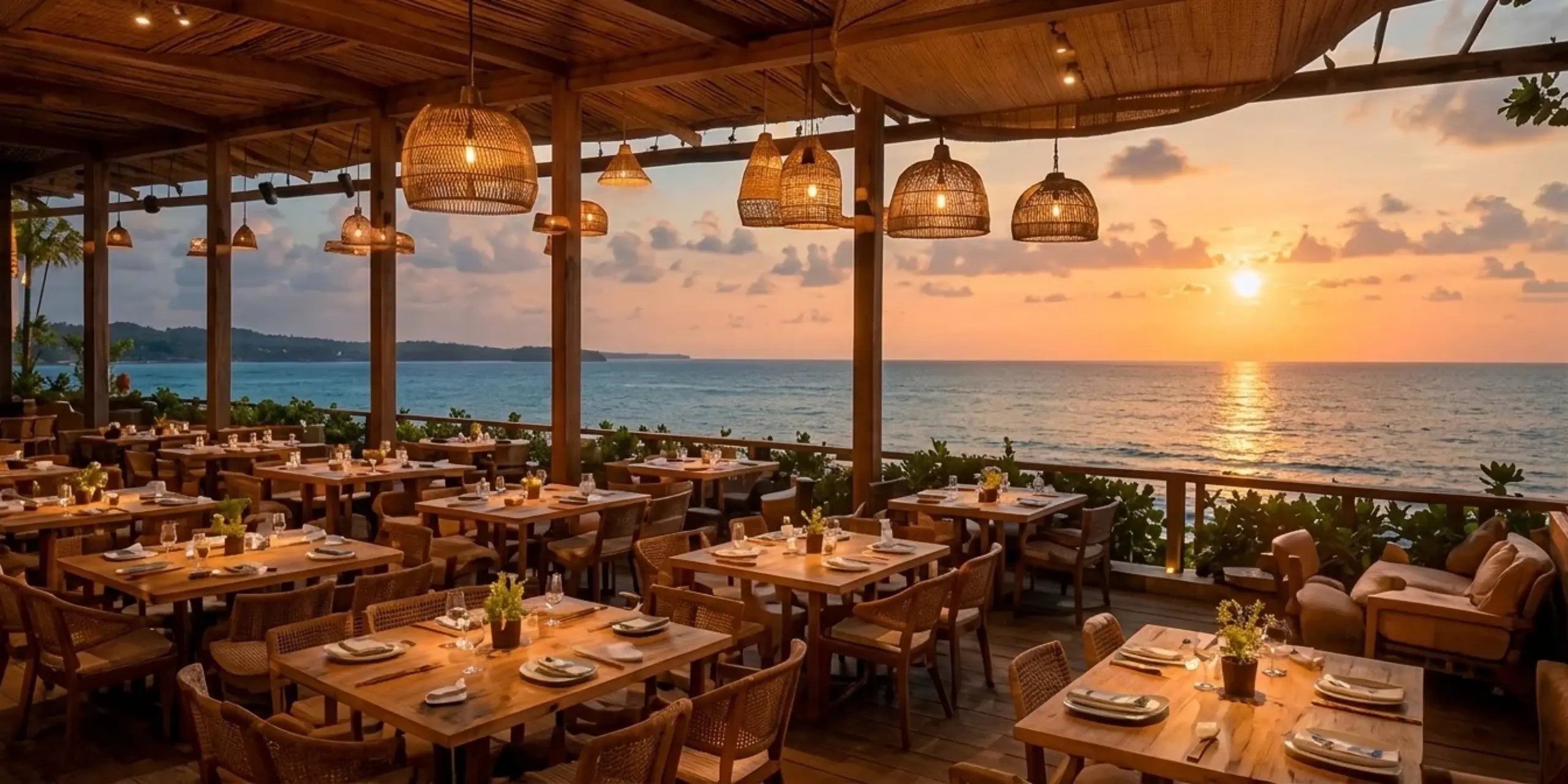 Beachfront restaurant terrace at dusk