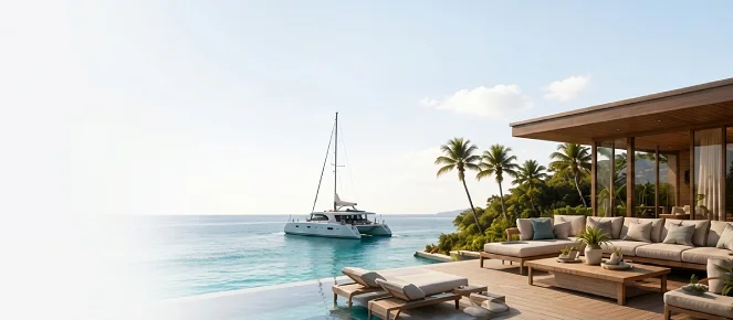 Coastal villa terrace with yacht and ocean views