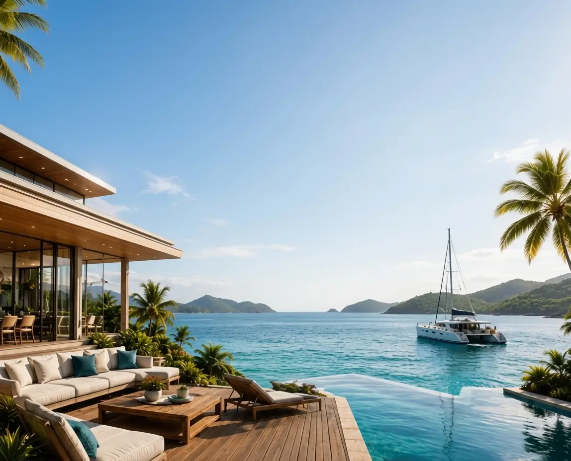 Coastal villa terrace overlooking the ocean with a yacht at anchor