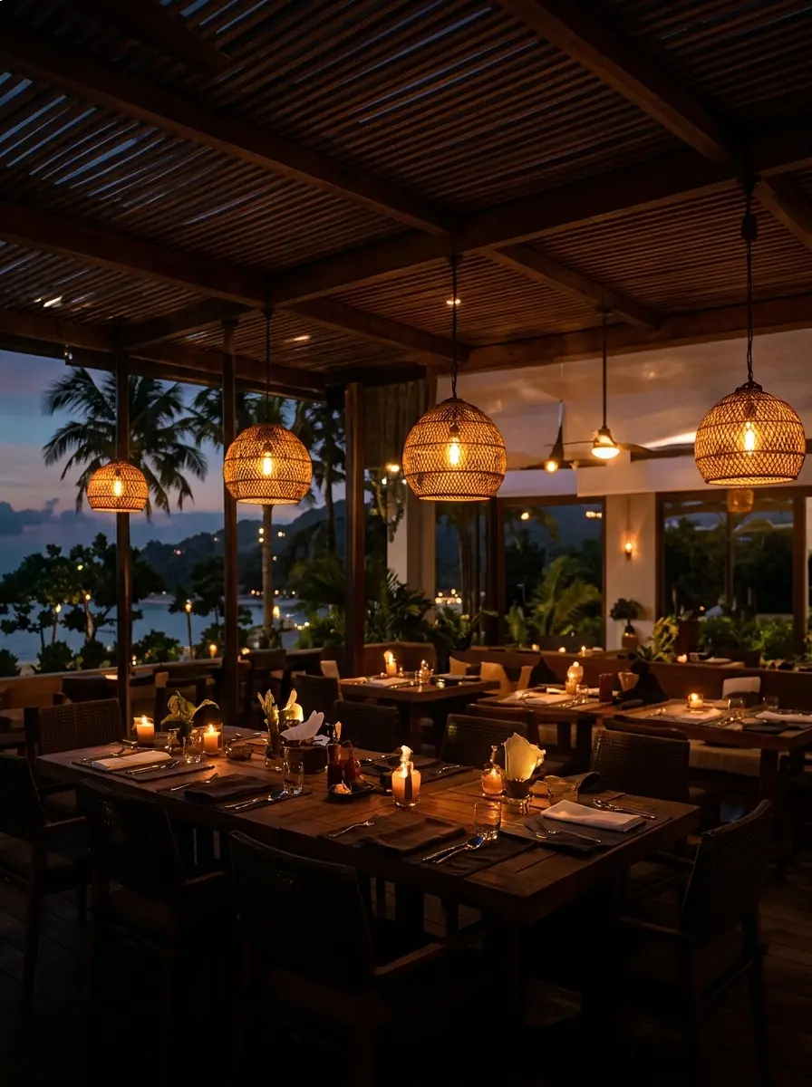 Beachfront restaurant terrace at dusk