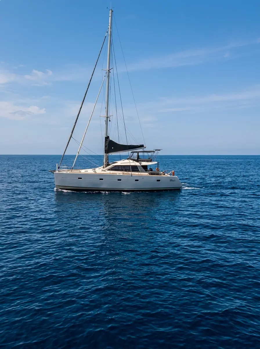 Catamaran sailing on open water at dusk