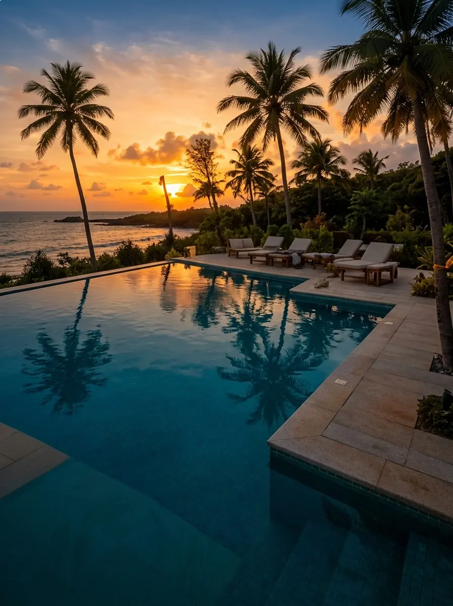 Resort pool deck lined with palm trees at sunset