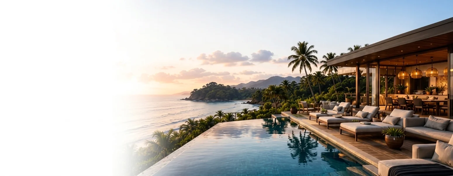 Coastal villa terrace at sunset overlooking the ocean with palm trees